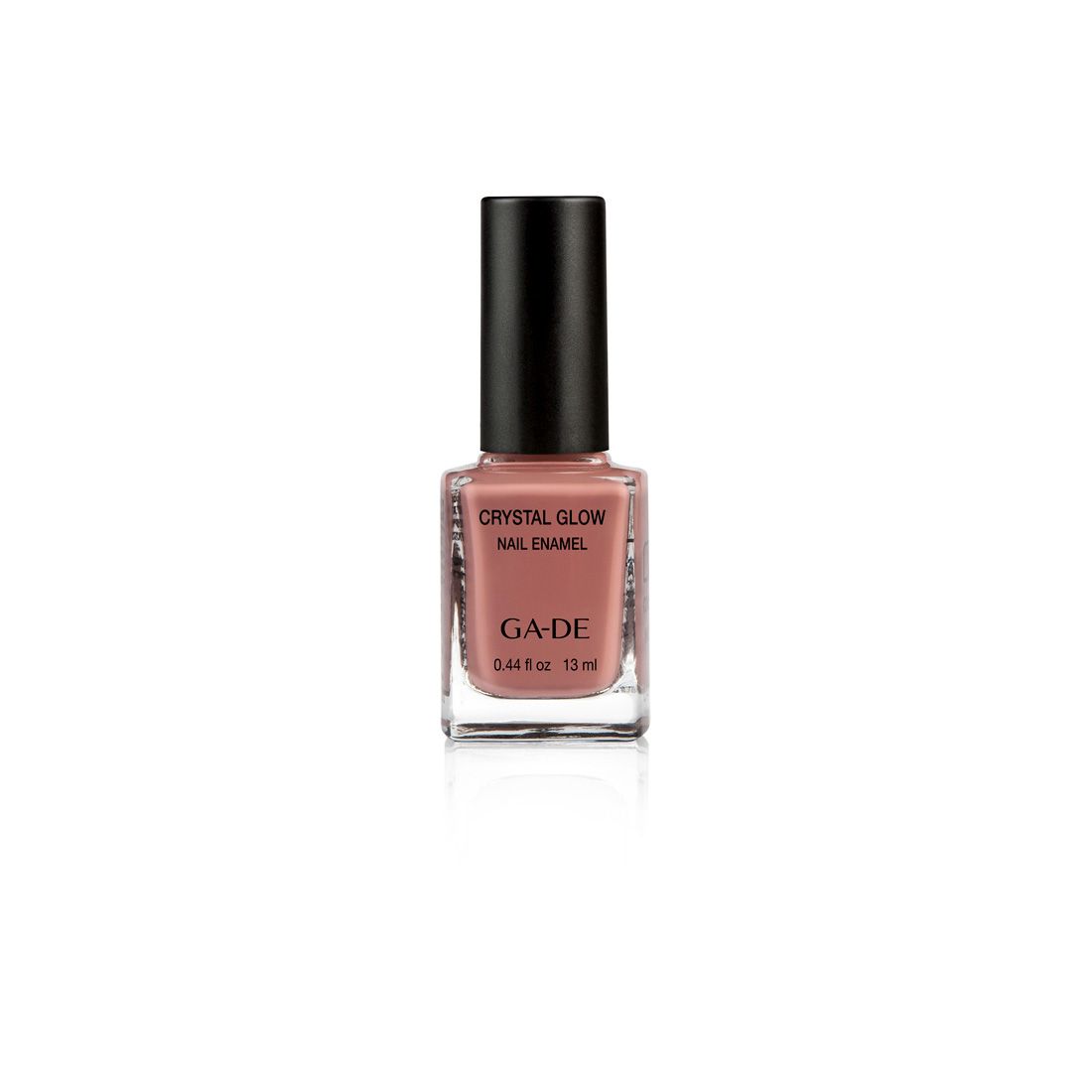 Nagellackflasche mit braunem Inhalt. Schwarzer Deckel. Aufschrift: Crystal Glow Nail Enamel, GA-DE, 0.44 fl oz, 13 ml.