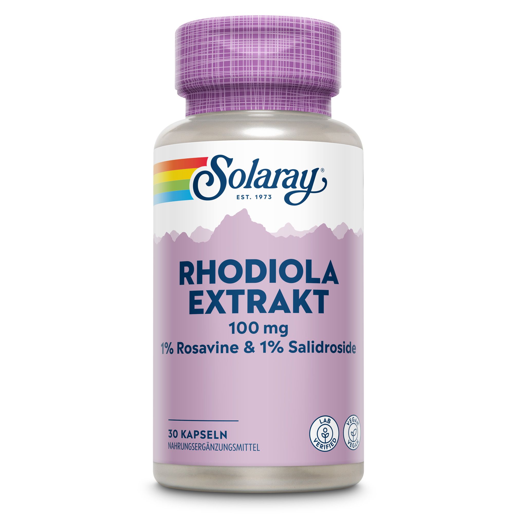Solaray Rhodiola Extrakt Flasche. Lila Deckel, weißes Etikett. Aufschrift: Rhodiola Extrakt, 100 mg, 1% Rosavine & 1% Salidroside. 30 Kapseln.