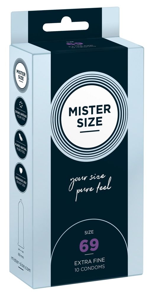 Kondomverpackung. Marke: MISTER SIZE. Größe 69, extrafein. 10 Kondome. Schwarzes Design.