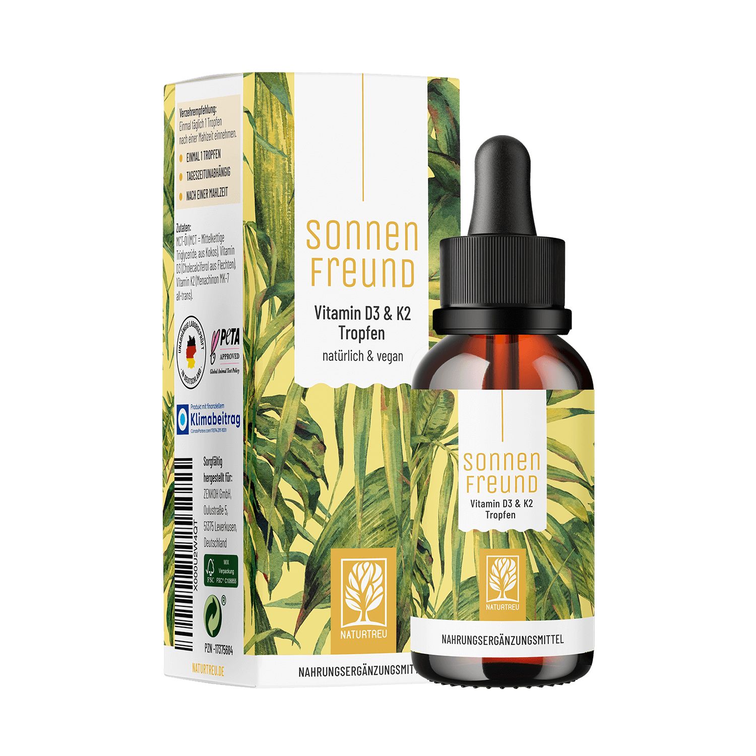 Braune Tropfenflasche und Verpackung. Aufschrift: SONNENFREUND Vitamin D3 & K2 Tropfen. PETA-Siegel.