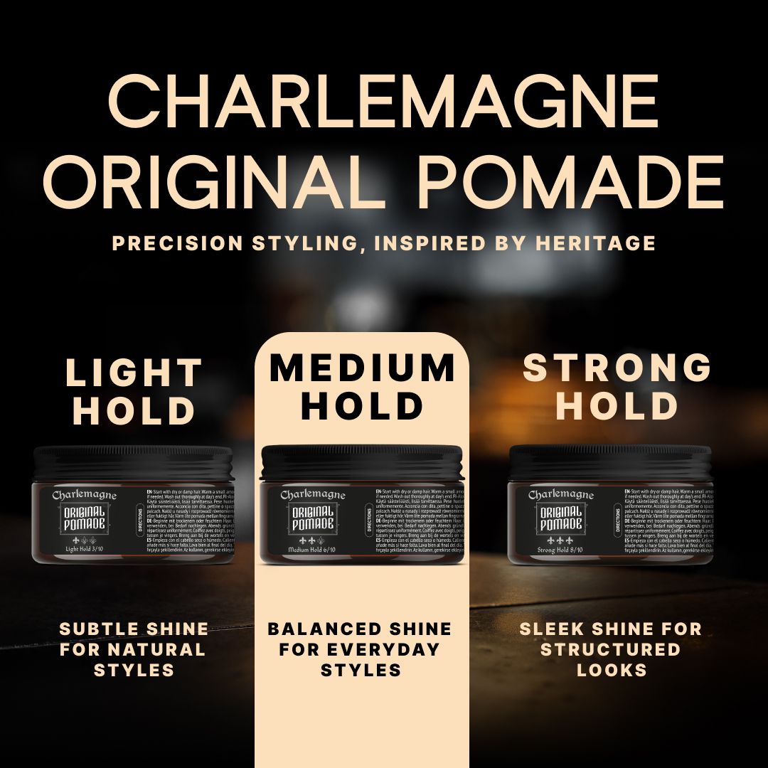 Drei Dosen mit "CHARLE MAGNE" und "ORIGINAL POMADE" Etiketten, "MEDIUM HOLD" Anhänger.