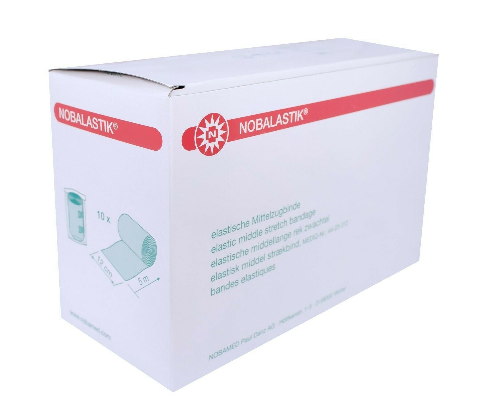 Weiße Kartonverpackung mit rotem Streifen und Logo. Enthält 10 Rollen 5m x 6cm Mittelzugbinde. Aufdruck: NOBALASTIK.