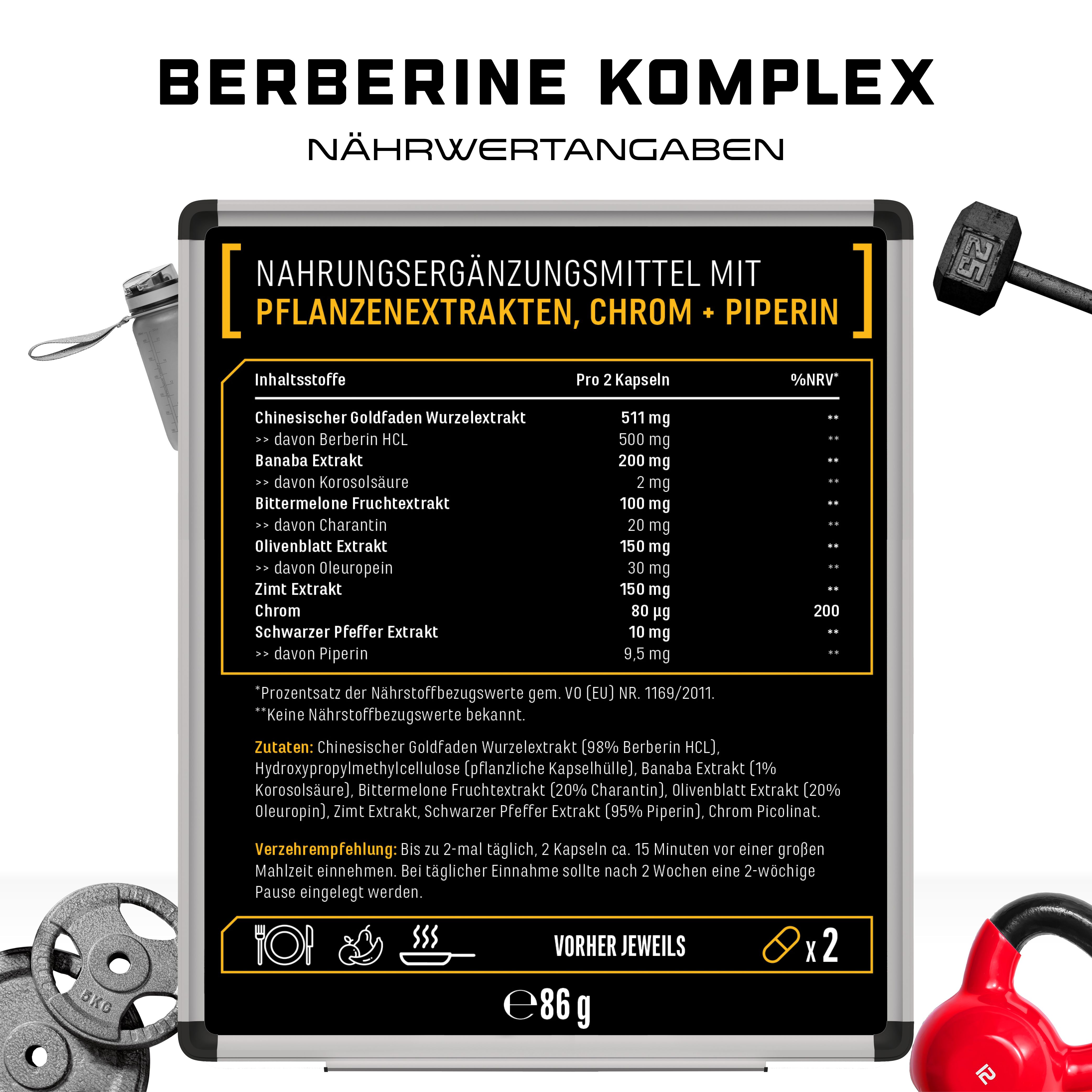 Nährwertangaben von GEN Berberine GDA Complex. Text: Nahrungsergänzungsmittel mit Pflanzenextrakten, Chrom + Piperin. Inhaltsstoffe, Verzehrempfehlung.