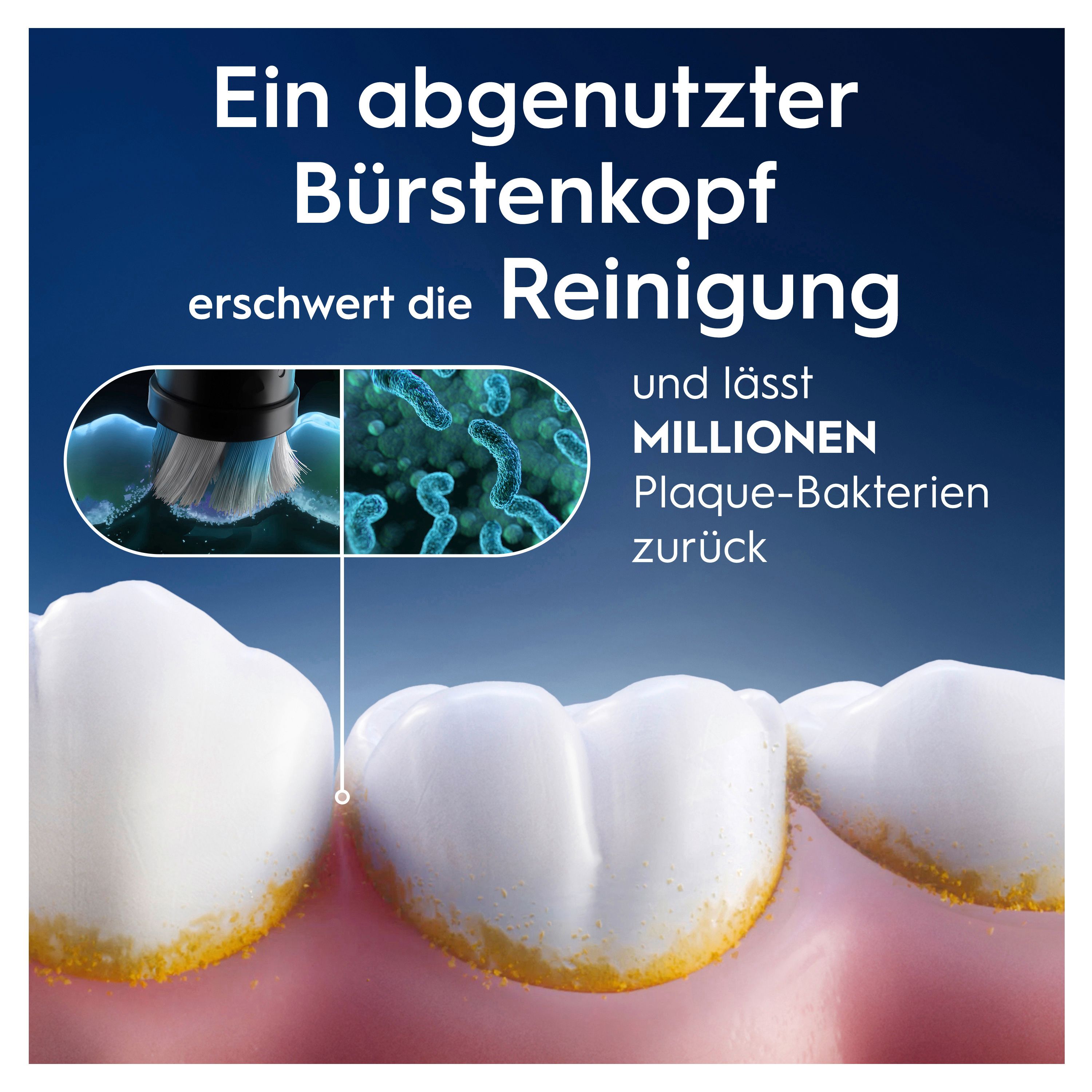Zahnbürstenkopf reinigt Zähne. Text: Ein abgenutzter Bürstenkopf erschwert die Reinigung.