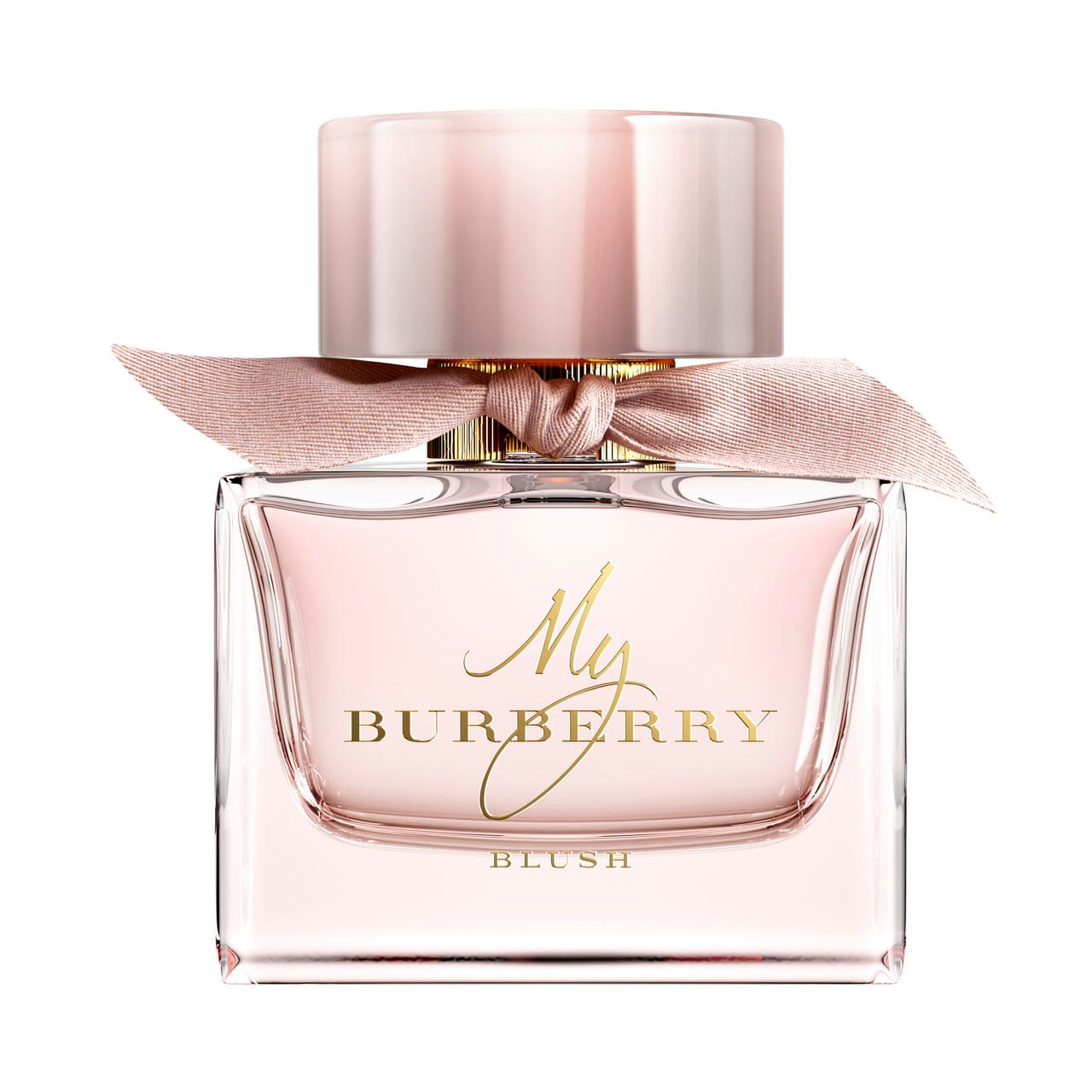 Glasflakon mit rosa Flüssigkeit, rosa Verschluss und Schleife. Aufschrift My Burberry Blush.