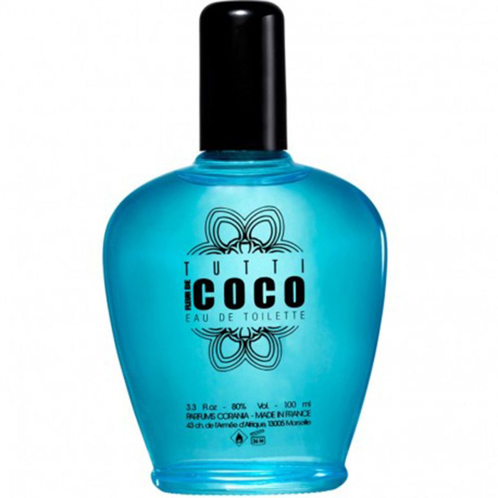 Türkisfarbene Flasche mit schwarzem Deckel. Aufschrift: Tutti Coco Eau de Toilette. Floral-Dekor.