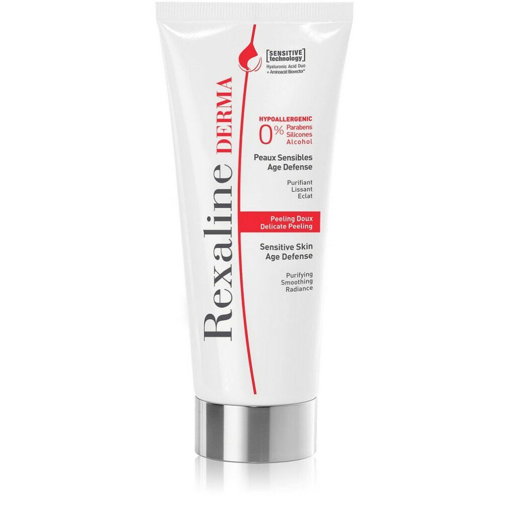 Weiße Tube mit silbernem Verschluss. Aufschrift: Rexaline Derma. Für empfindliche Haut. Hypoallergen. Peeling Doux. Age Defense.