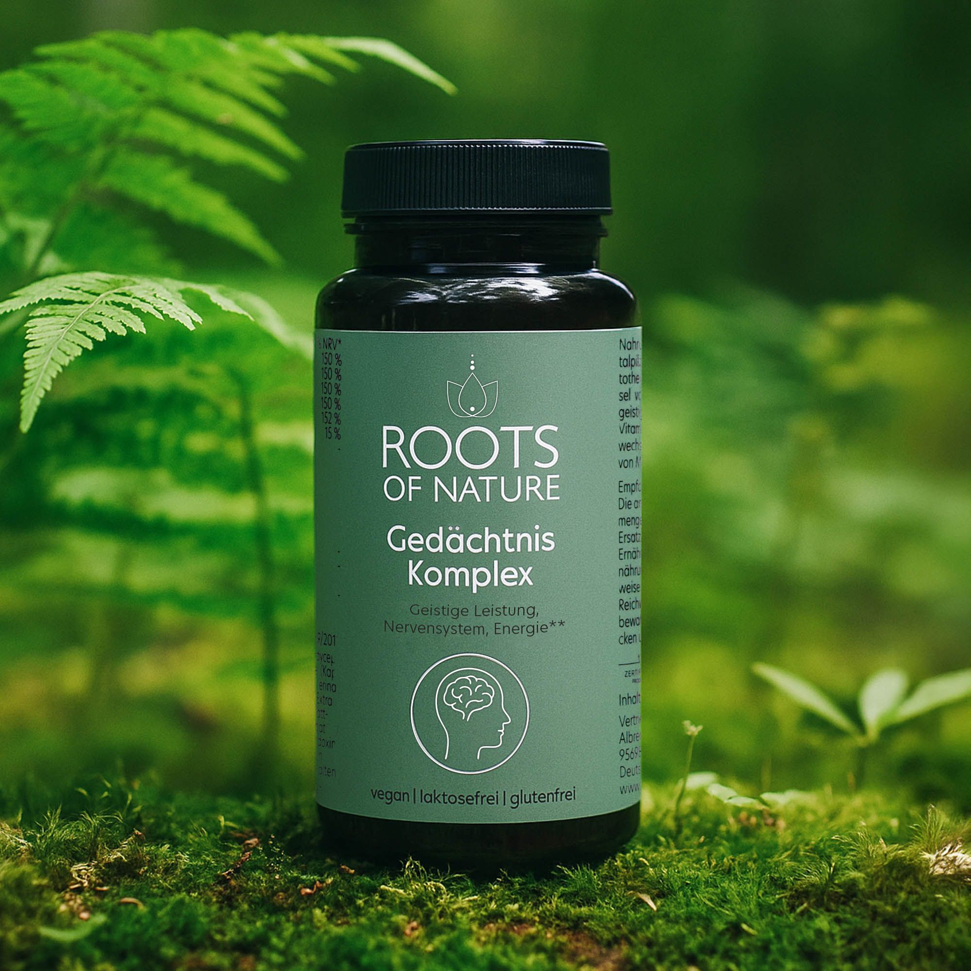 Braune Flasche mit grünem Etikett. Aufschrift: ROOTS OF NATURE Gedächtnis Komplex. Vegan, laktosefrei, glutenfrei.