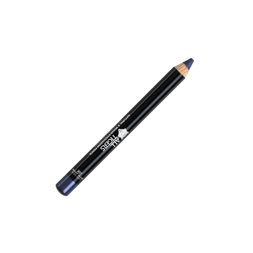 Blauer Kajalstift. Schwarzer Schaft mit Produktbezeichnung. Spitze und Ende in Blau. Aufschrift: ALL TIGERS.