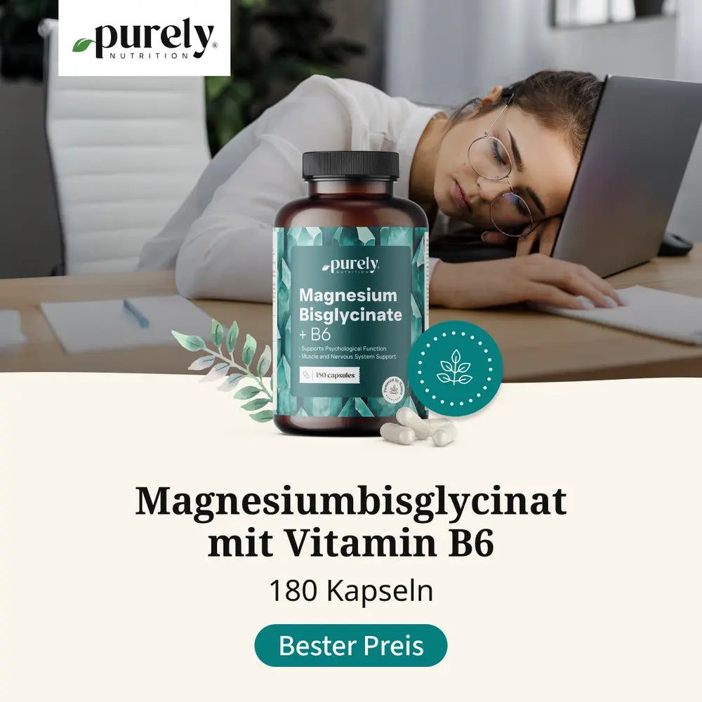 Drei Dosen Magnesium Bisglycinat + B6 schwebend, mit Pflanzenzweigen.