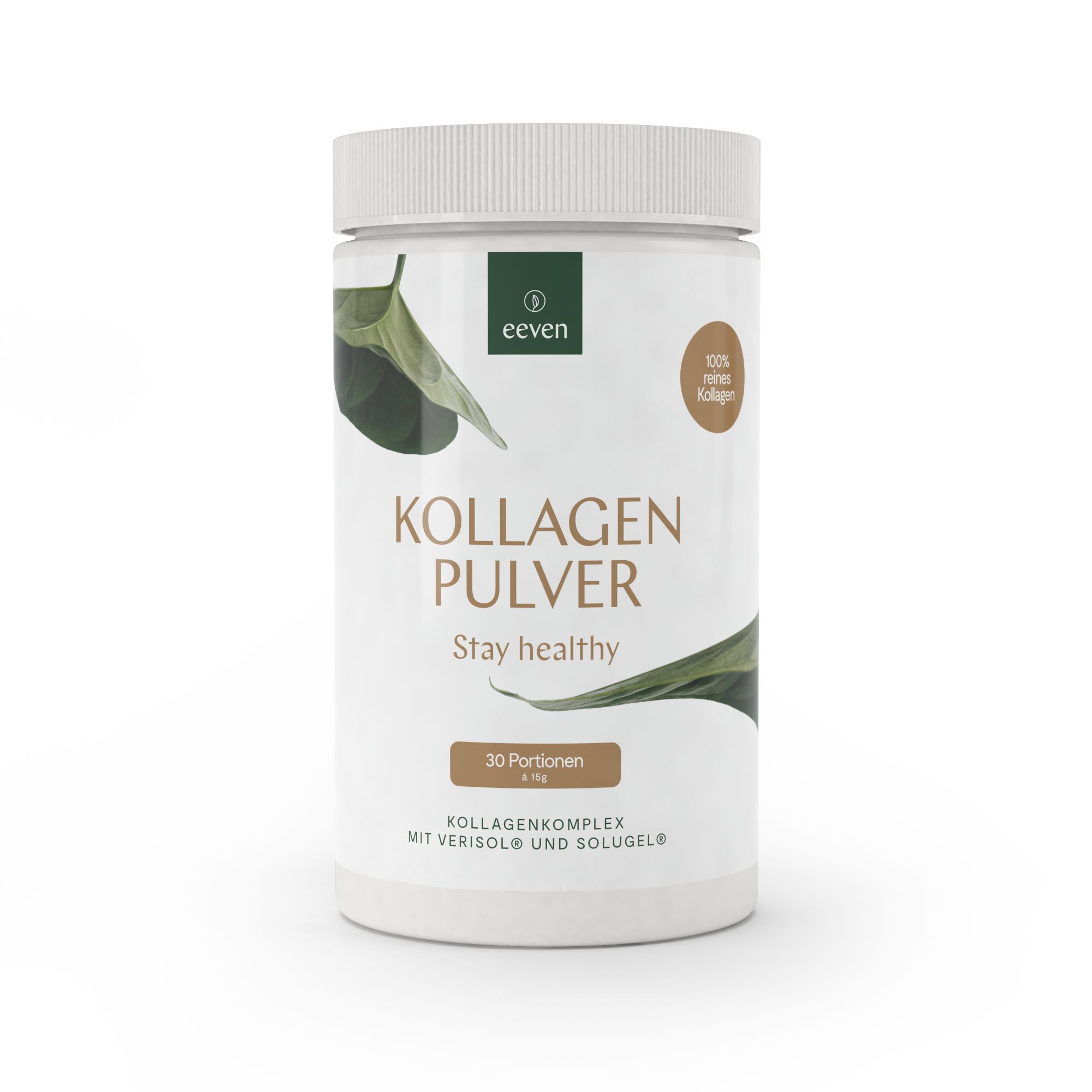 Weiße Dose mit grünem Etikett. Aufschrift: Kollagen Pulver. 30 Portionen.