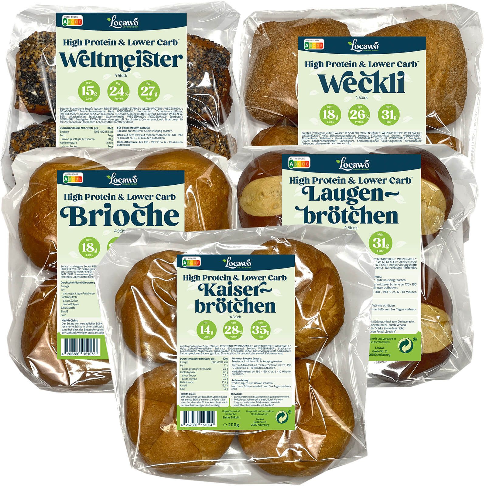 Mehrere Packungen Locawo Brötchenkorb, verschiedene Sorten. Enthält Weltmeister, Weckli, Brioche, Laugenbrötchen und Kaiserbrötchen. Jede Packung enthält 4 Brötchen.