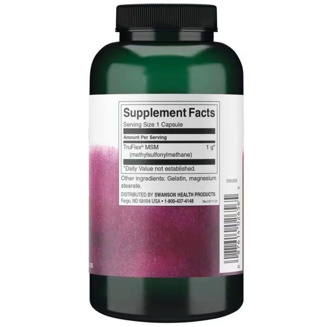 Grüne Flasche mit weißem Etikett. Aufschrift: Supplement Facts, TruFlex MSM, Inhaltsstoffe. Rückansicht.
