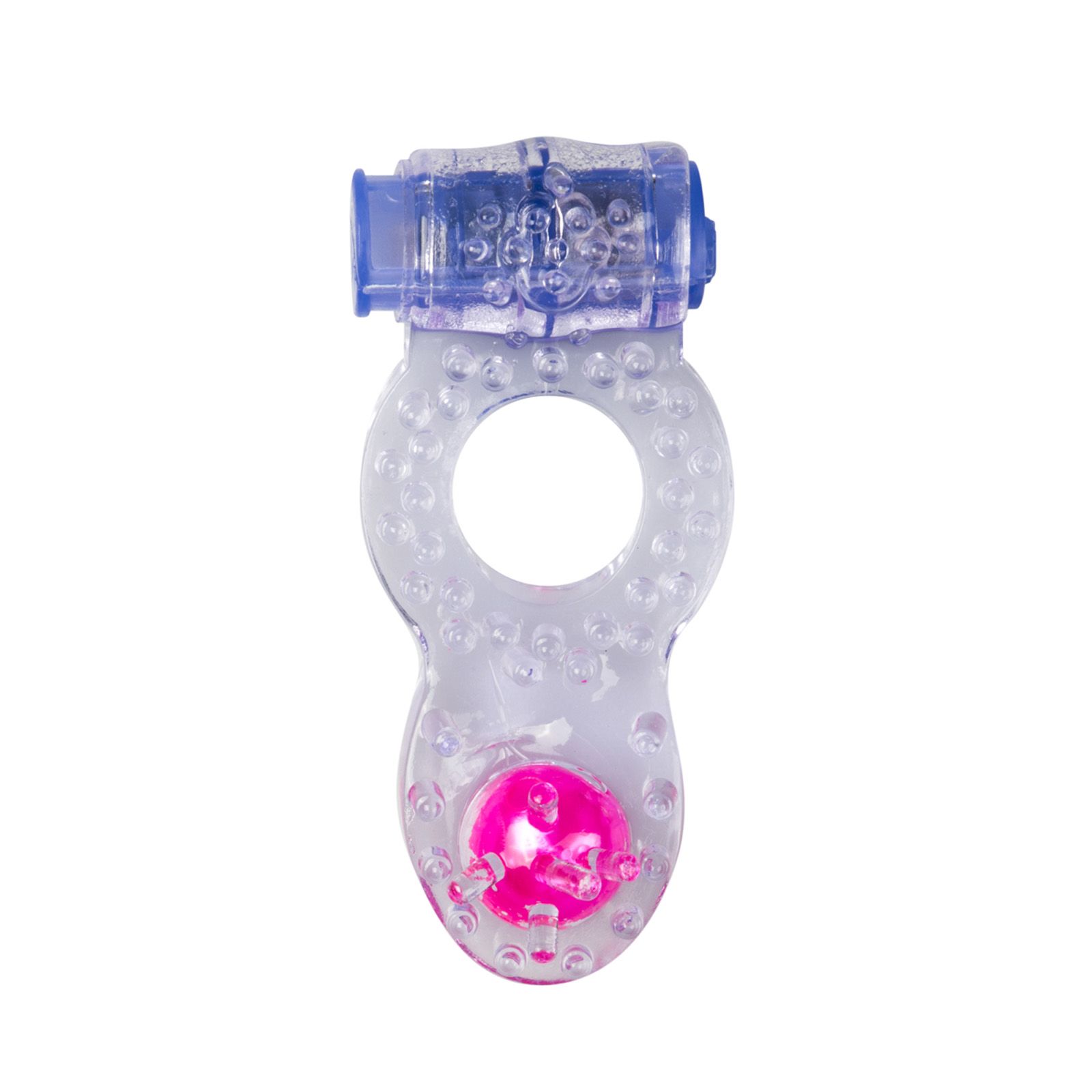 Transparenter Penisring mit rosa und blauen Elementen. Mit Noppen und einem Vibrationsmodul.