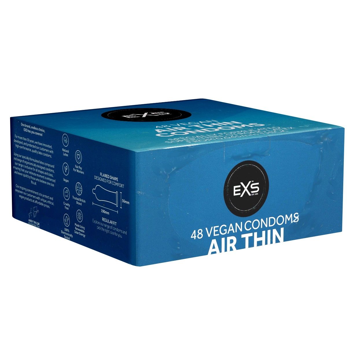 Blauwe doos met 'EXS Air Thin' condooms. 48 vegan condooms. Merklogo en productnaam duidelijk zichtbaar.