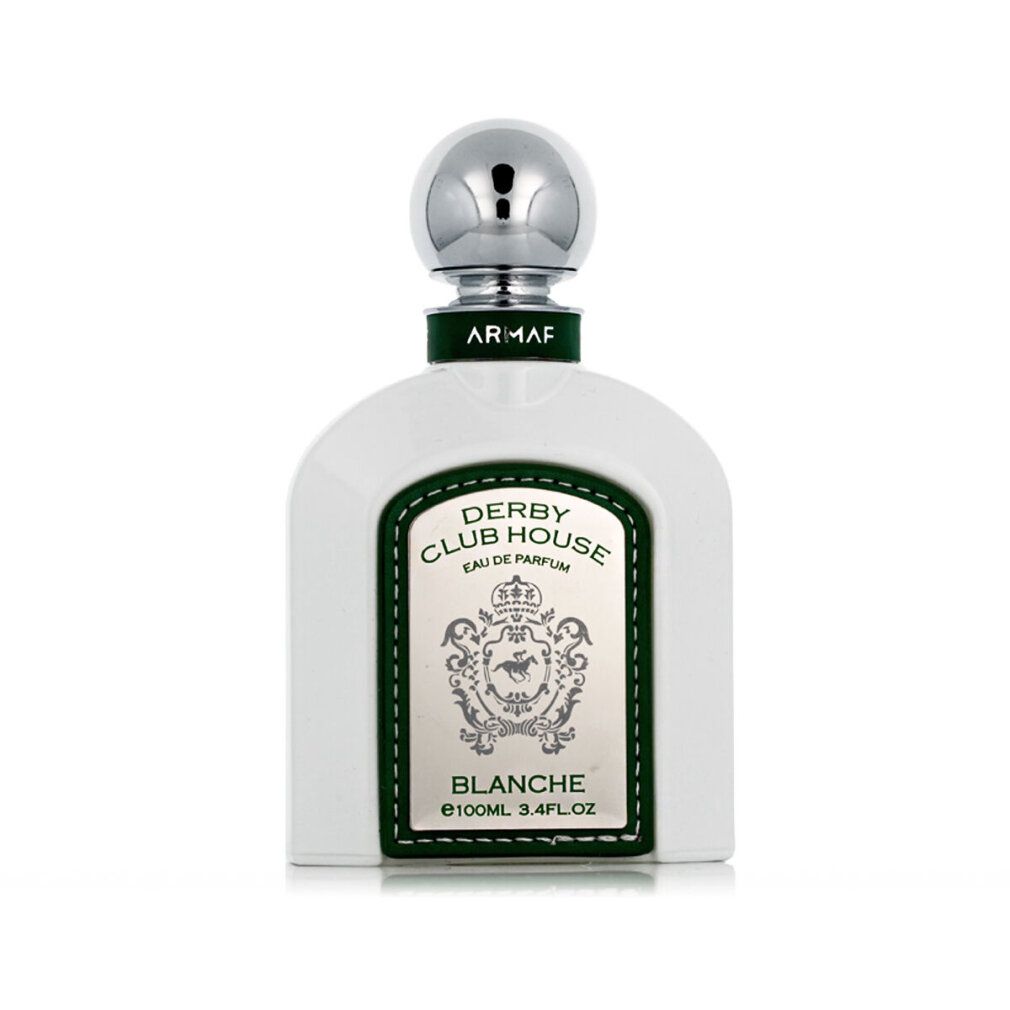 Weiße Flasche mit silbernem Deckel. Grünes Band mit Aufschrift ARMAF. Aufschrift: DERBY CLUB HOUSE, BLANCHE.