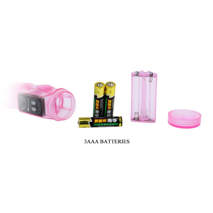 Komponenten: Vibrator, Batterien (3xAAA), Batteriefachdeckel. Rosa Kunststoff.