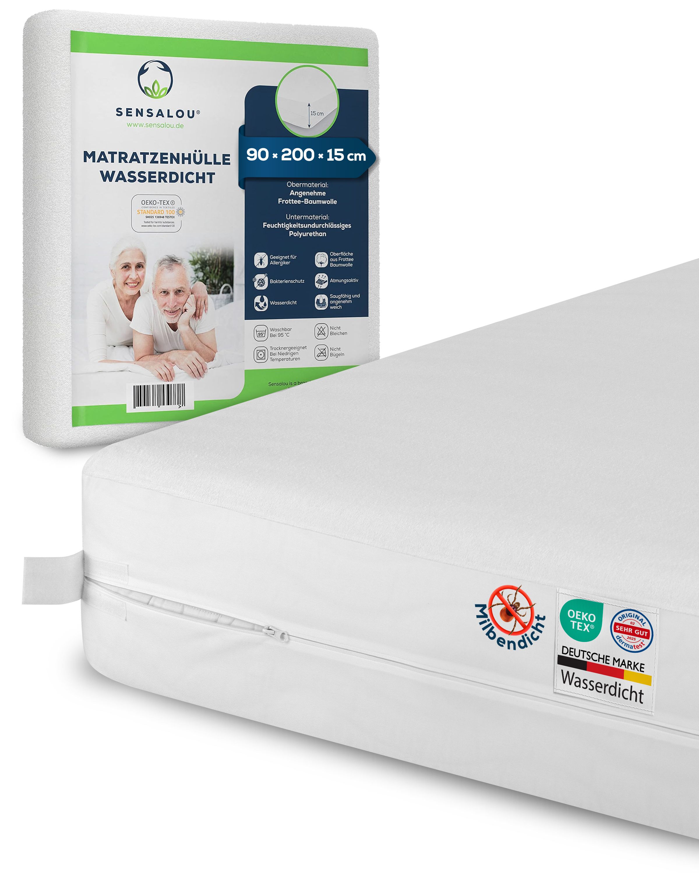 Weißer Matratzenbezug mit Reißverschluss. Verpackung mit Produktinformationen. Milbendicht, wasserdicht, Oeko-Tex.