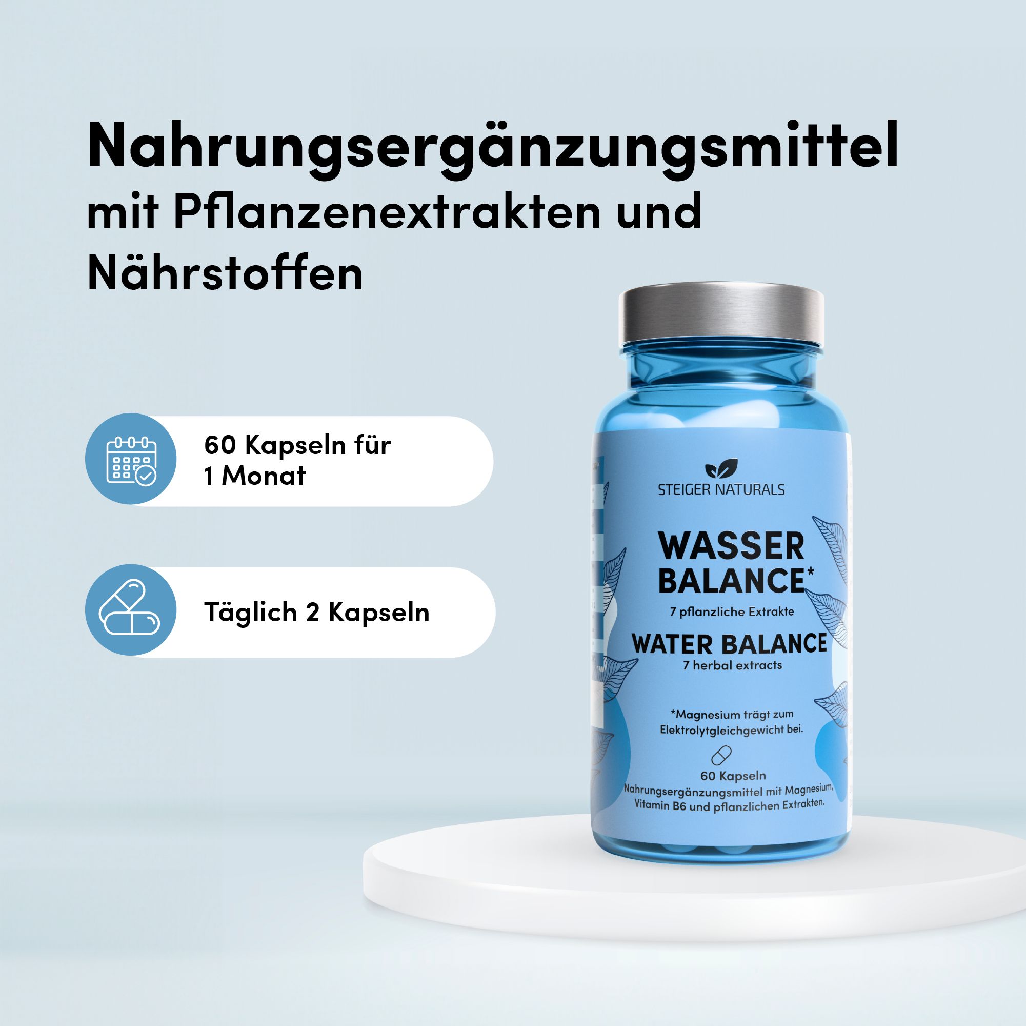 Blaue Flasche mit Kapseln und Text. Aufschrift: Wasser Balance, 7 pflanzliche Extrakte. 60 Kapseln. Text: 60 Kapseln für 1 Monat, täglich 2 Kapseln.