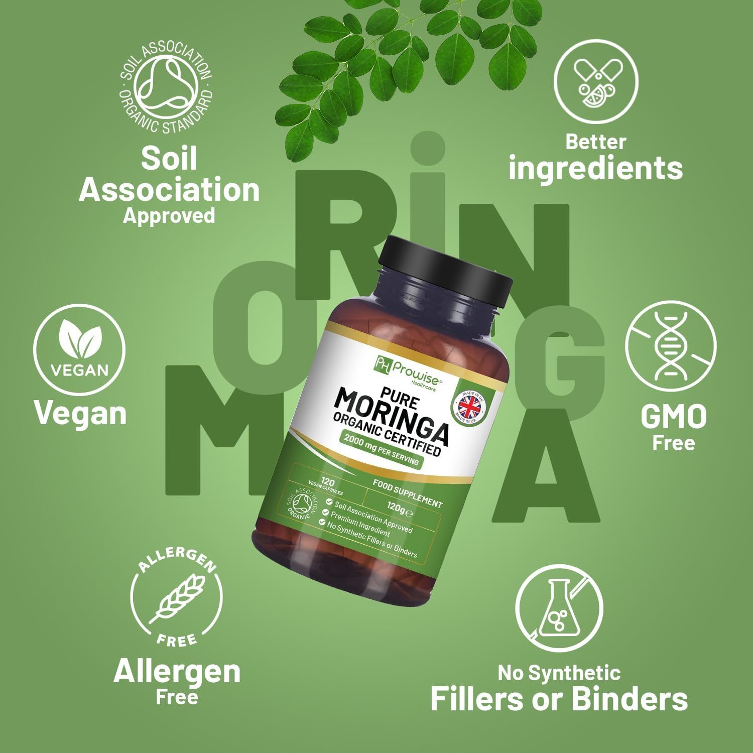 Flasche mit "Pure Moringa" und Zertifizierungen. Grün-weißer Hintergrund mit Icons: Vegan, Allergenfrei, GMO-frei, etc.