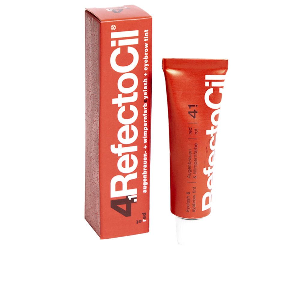 RefectoCil 4.1 Wimpernfarbe rot, Tube und Verpackung. Aufschrift: Augenbrauen- + Wimpernfarbe.