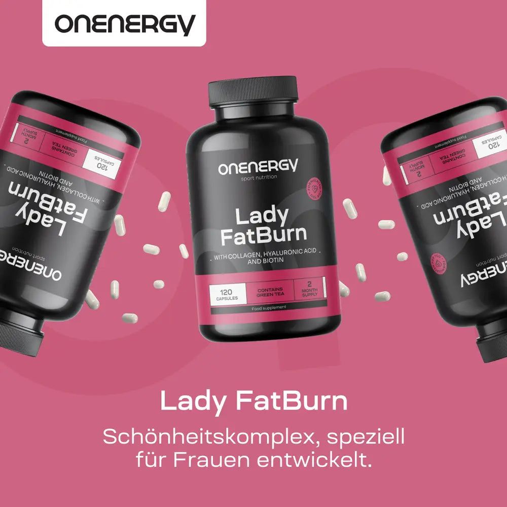 Drei Dosen OnEnergy Lady FatBurn auf rosa Hintergrund. "Schönheitskomplex, speziell für Frauen entwickelt."
