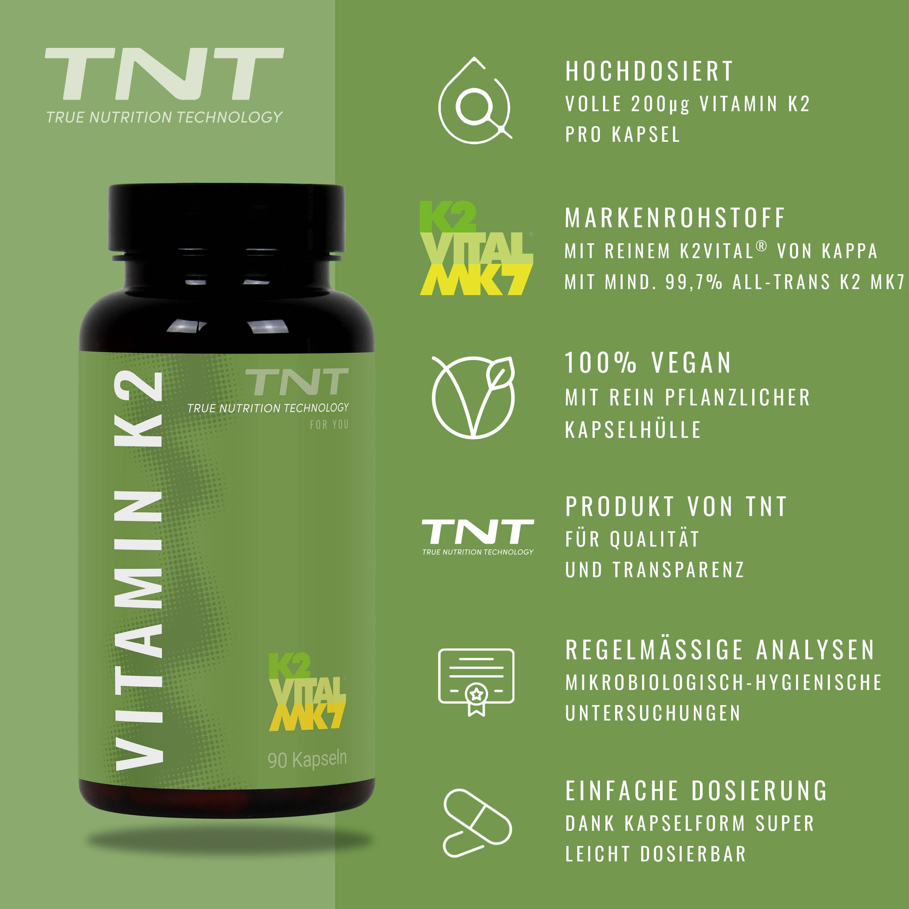 Grüner Hintergrund mit Informationen zu Vitamin K2. Logos und Text: TNT, K2 Vital MK7, 100% vegan.