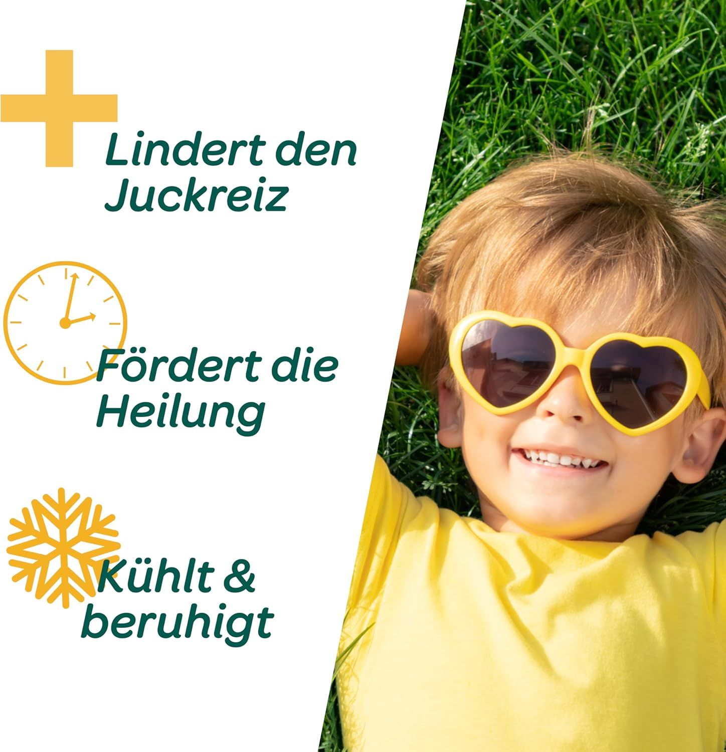 Kind liegt im Gras, trägt Sonnenbrille. Symbole: Kreuz, Uhr, Schneeflocke. Text: Lindert Juckreiz, fördert Heilung, kühlt & beruhigt.