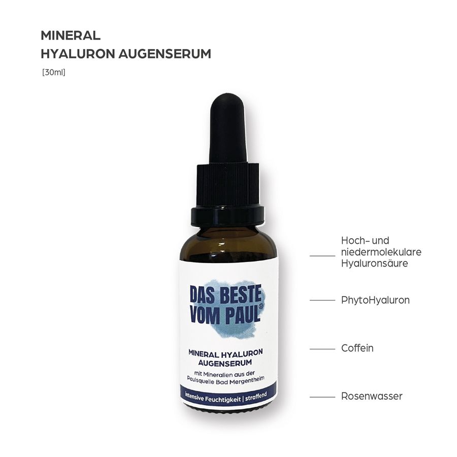 Braune Flasche mit Augenserum und Pipette. Text: DAS BESTE VOM PAUL. Inhaltsstoffe: Hyaluronsäure, PhytoHyaluron, Koffein.