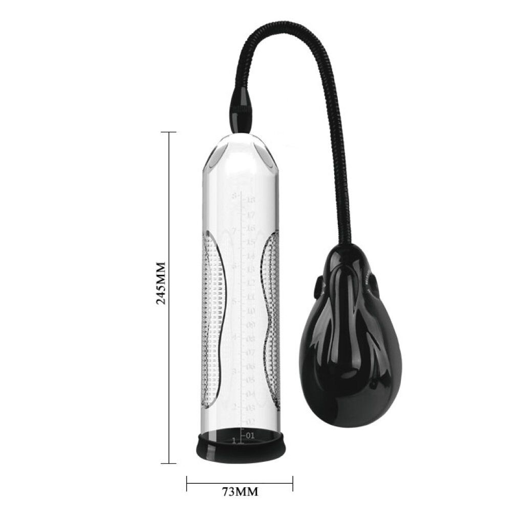 Penis Pumpe mit transparentem Zylinder, schwarzem Schlauch und Pumpe. Zylinder mit Messskala. Schwarze Basis. Maße: 245mm x 73mm.