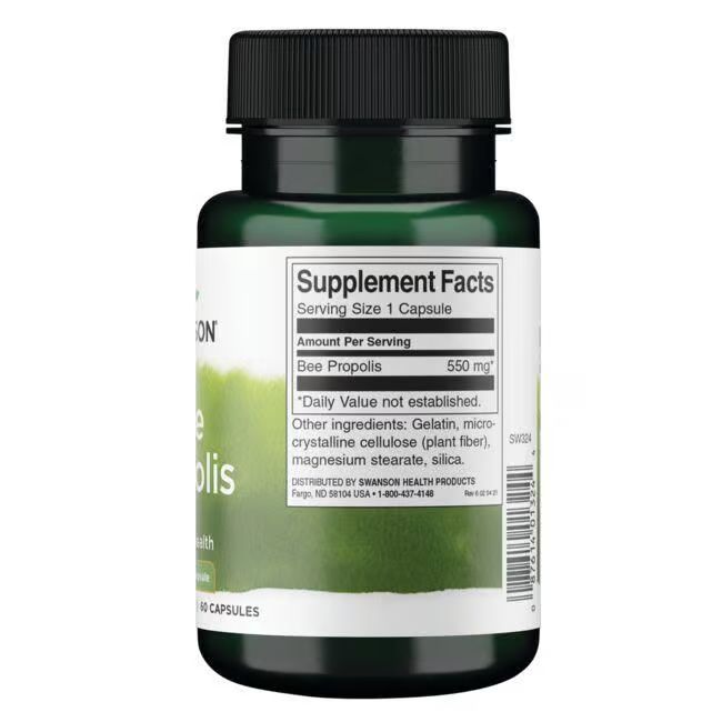 Rückseite einer grünen Flasche mit schwarzem Deckel. Etikett mit Nährwertangaben: Bee Propolis, 550 mg.