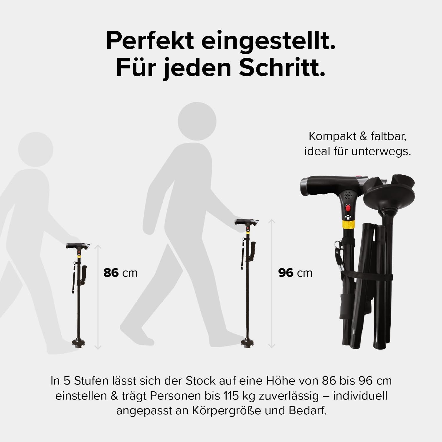 DR-HO'S Gehstock in zwei Höhen: 86 cm und 96 cm, und zusammengeklappt.