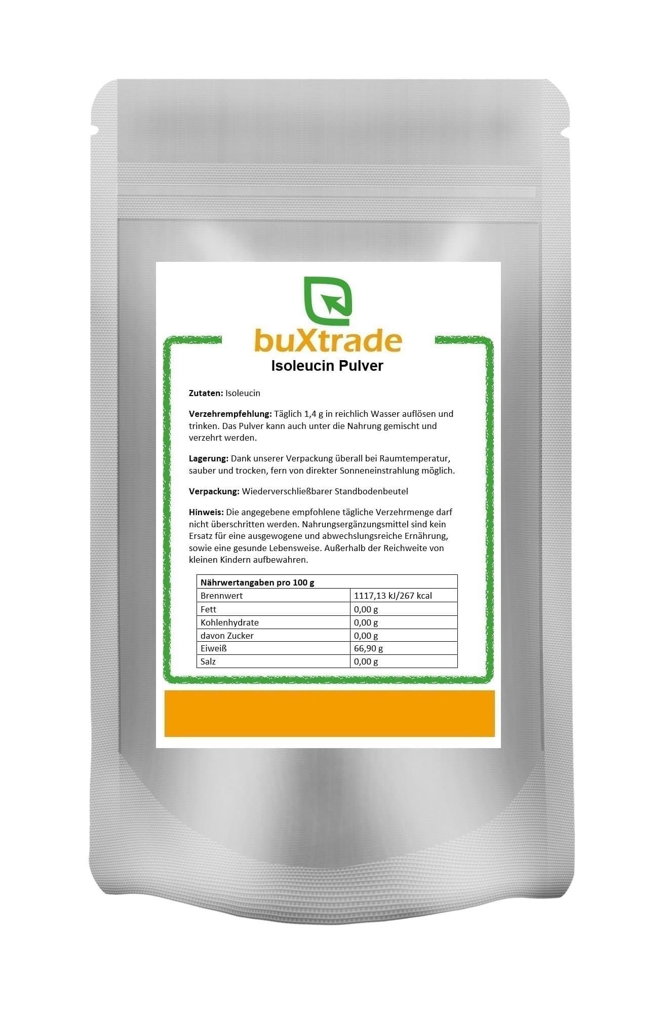 Beutel mit Isoleucin Pulver. Aufdruck mit Logo und Text. Enthält Nährwertangaben. Wiederverschließbar.
