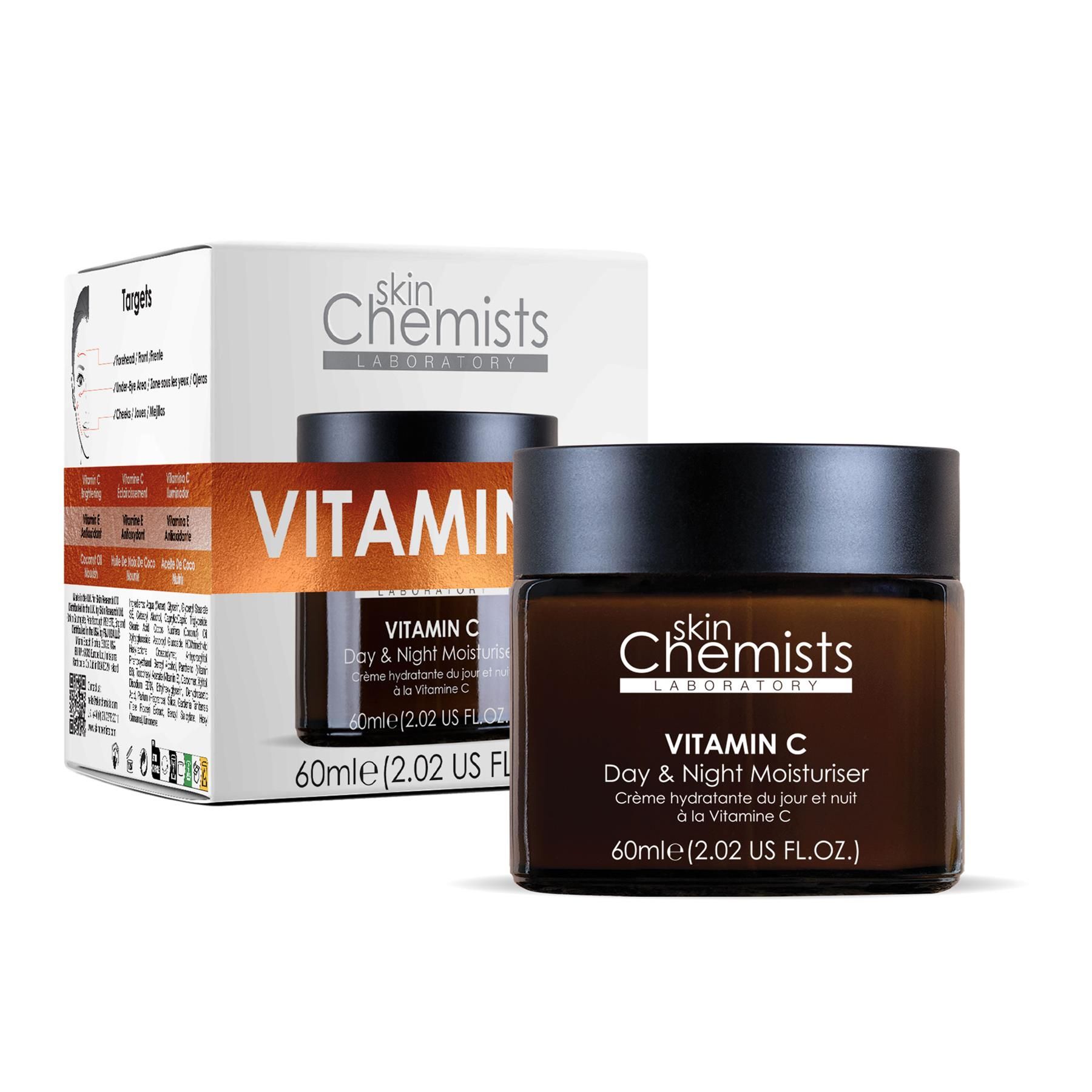 SkinChemists Vitamin C Tages- und Nachtcreme im Glas mit Umverpackung.