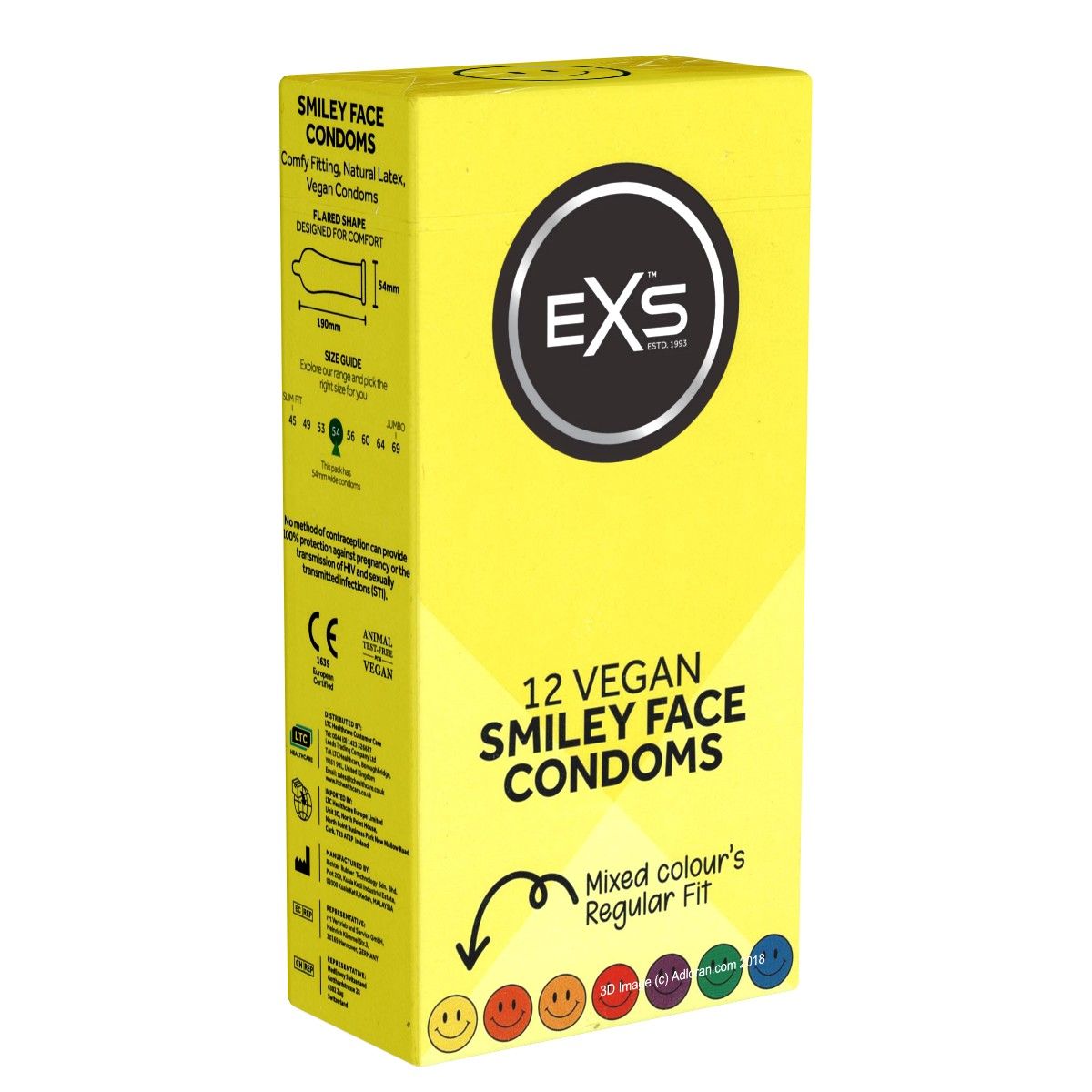 Gelbe Verpackung mit "EXS" Logo und Aufschrift "12 VEGAN SMILEY FACE CONDOMS". Enthält bunte Smiley-Gesichter.