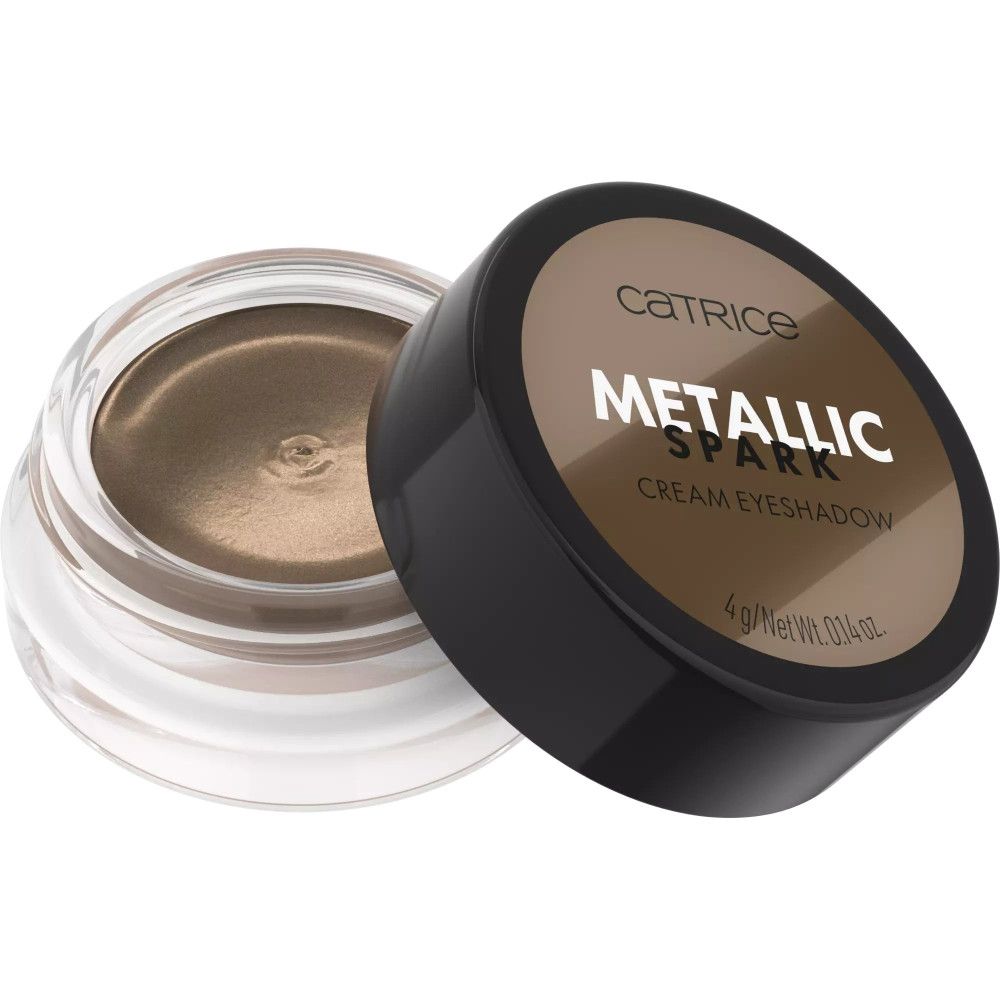 Creme-Lidschatten in Glasbehälter. Deckel mit Produktnamen und -details. Marke Catrice, Metallic Spark, Cream Eyeshadow, 4g/Net Wt. 0.14 oz.