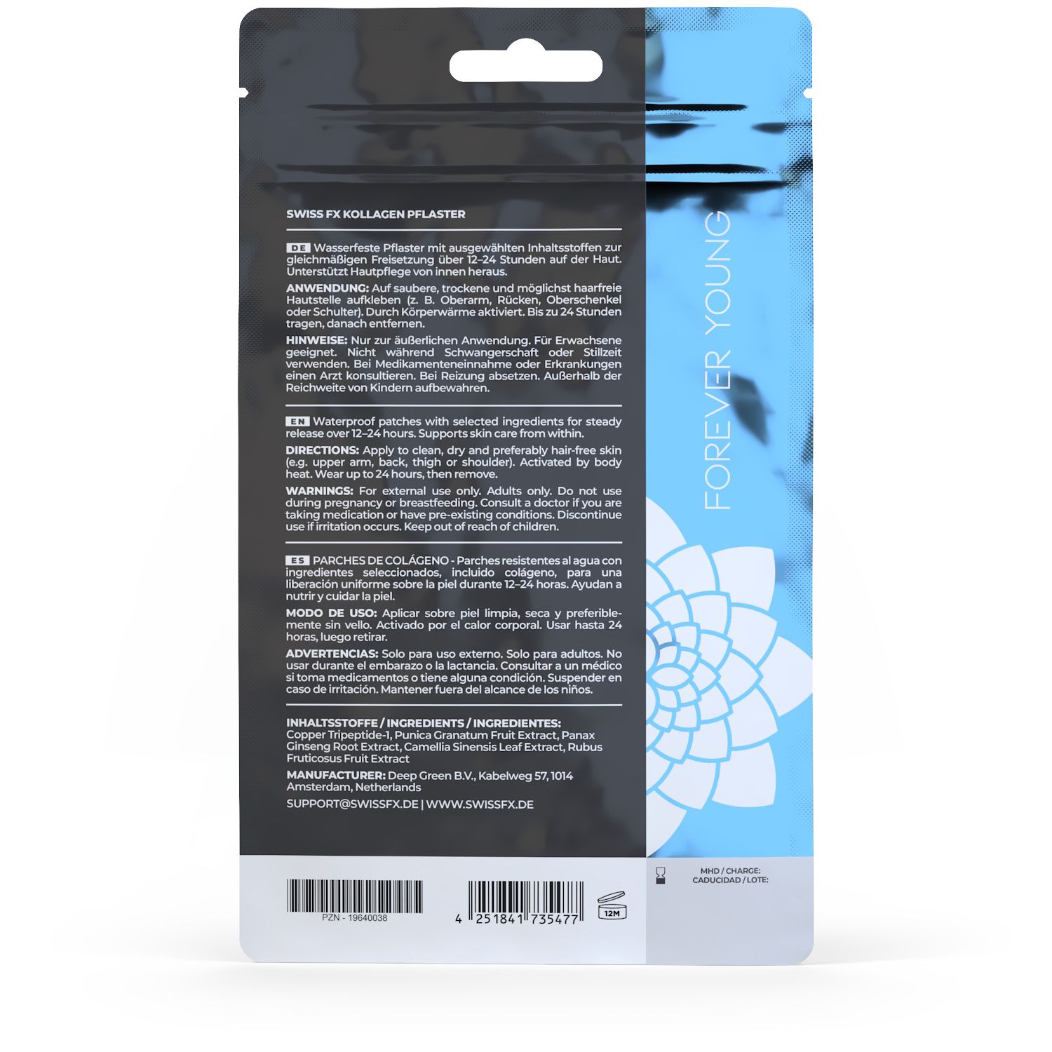 Rückseite der SWISS FX Kollagen Pflaster Verpackung mit Anwendungshinweisen und Inhaltsstoffen.