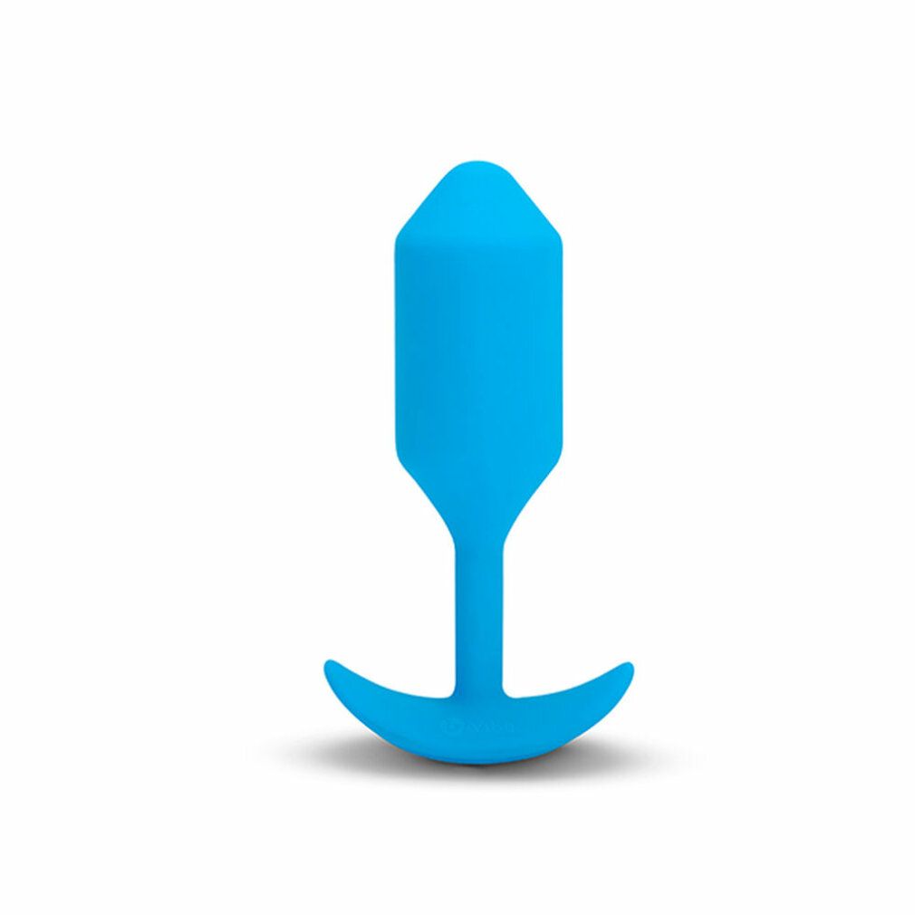 Blauer, tropfenförmiger Plug mit gebogener Basis. Der Plug hat eine längliche Form mit einer abgerundeten Spitze.