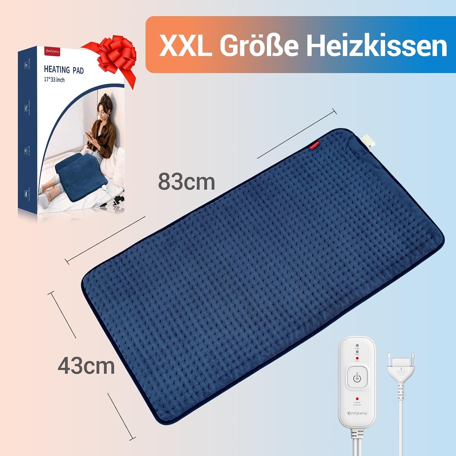 Blaues Heizkissen, 83x43cm, mit Fernbedienung und Verpackung.
