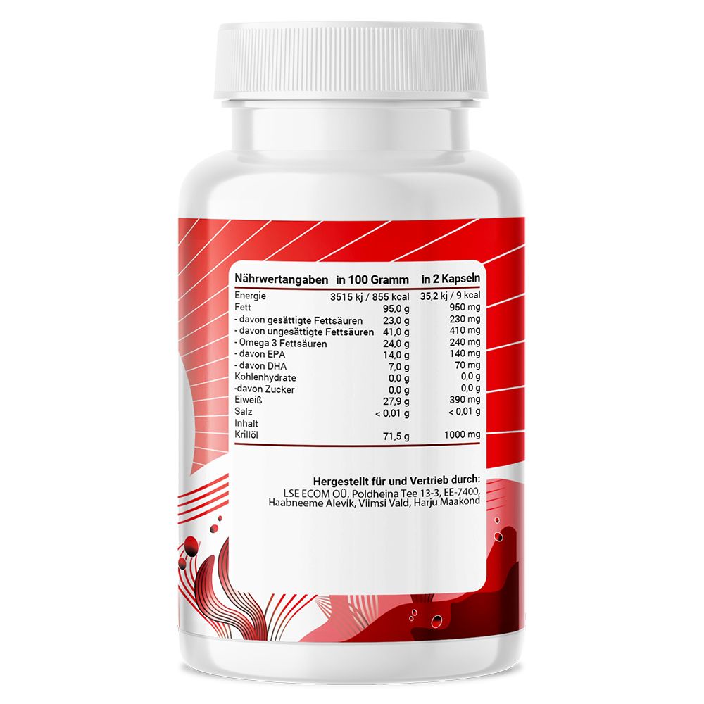 Weiße Flasche mit rotem Etikett. Nährwertangaben pro 100g und pro 2 Kapseln. Herstellerinformationen.