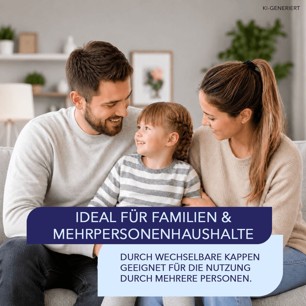 Familie sitzt auf Sofa. Text: Ideal für Familien & Mehrpersonenhaushalte.