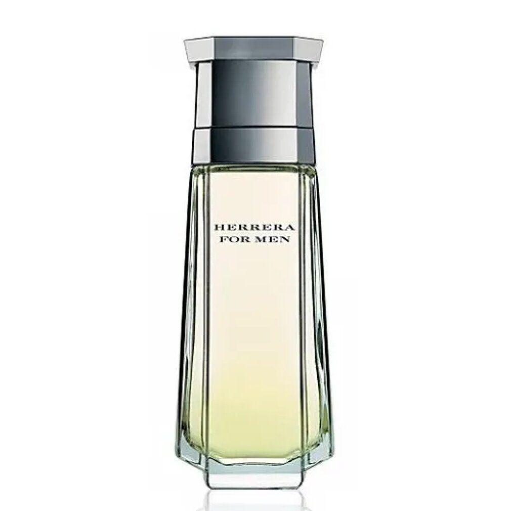 Herrera for Men Eau de Toilette Flakon. Rechteckige Form mit silbernem Deckel. Klarer Flakon mit gelblicher Flüssigkeit.