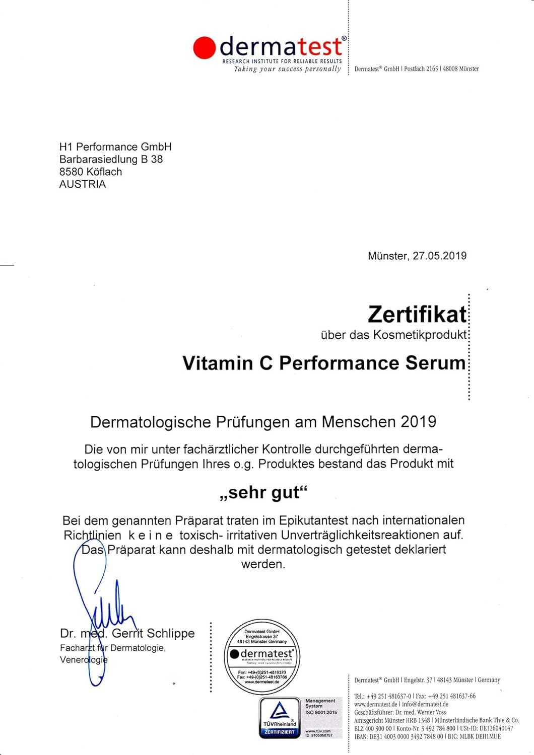 Zertifikat für Vitamin C Performance Serum, dermatologisch getestet mit "sehr gut".
