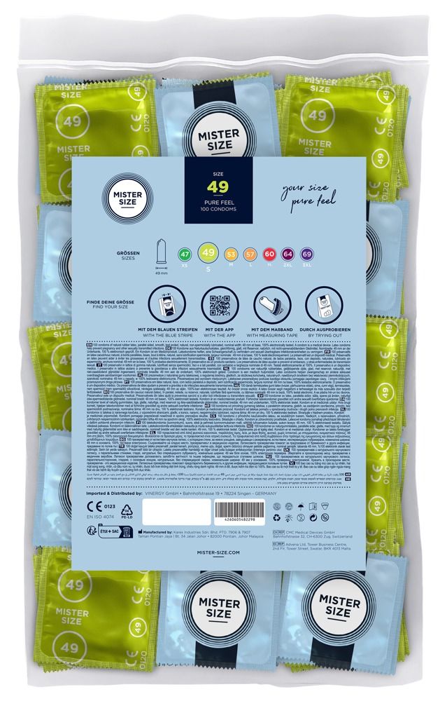 Beutel mit Kondomen. Blaue und grüne Einzelverpackungen. Aufdruck: Mister Size, 49. Größenangaben.
