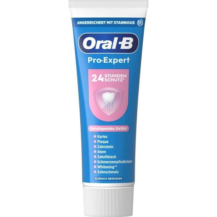 Zahnpasta-Tube Oral-B Pro-Expert, blau. Mit weißem Verschluss. Text: 24 Stunden Schutz, beruhigendes Gefühl, klinisch bewiesen.