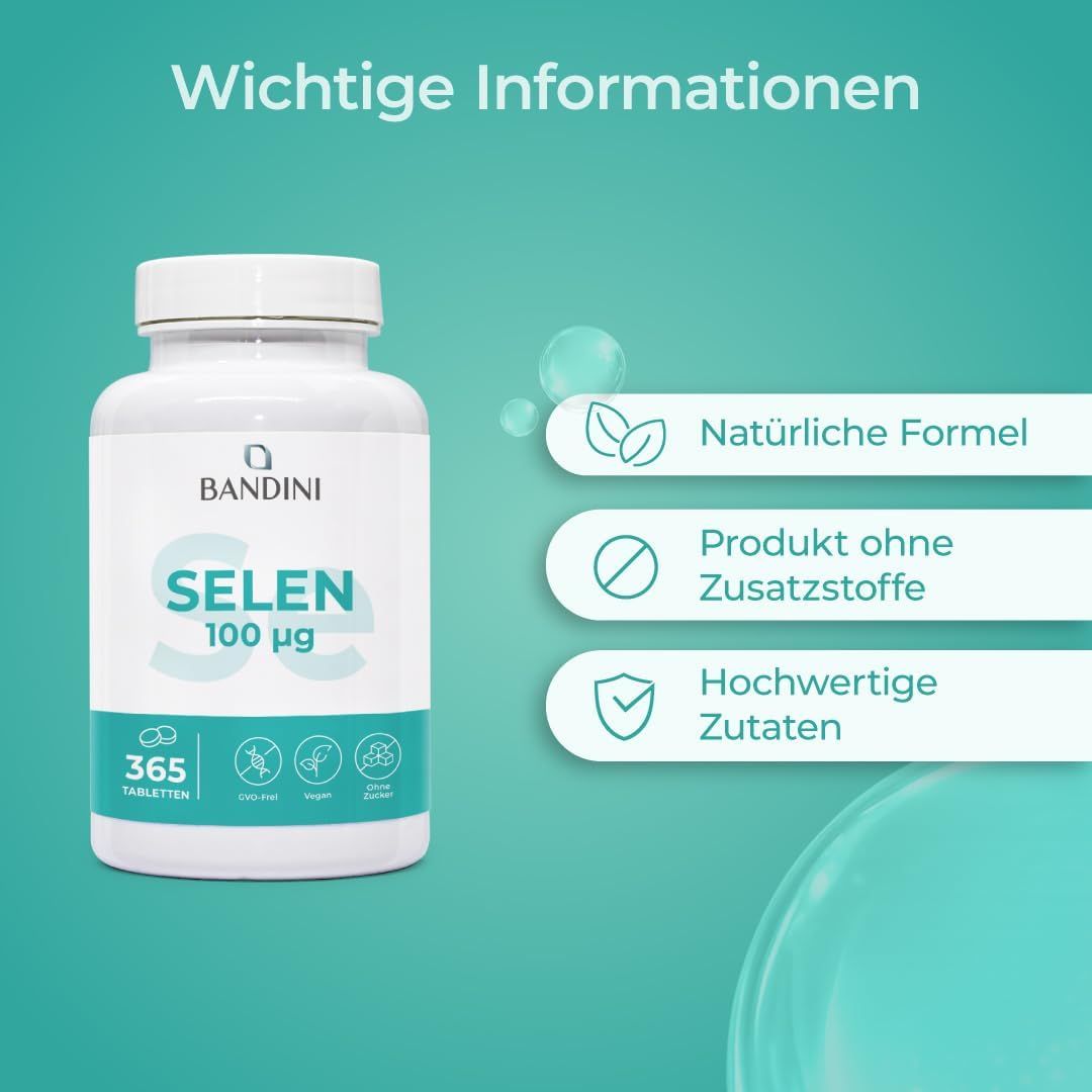 Weiße Dose "BANDINI SELEN 100 μg" neben lächelnder Frau. "Natürliche Formel, Produkt ohne Zusatzstoffe, Hochwertige Zutaten".