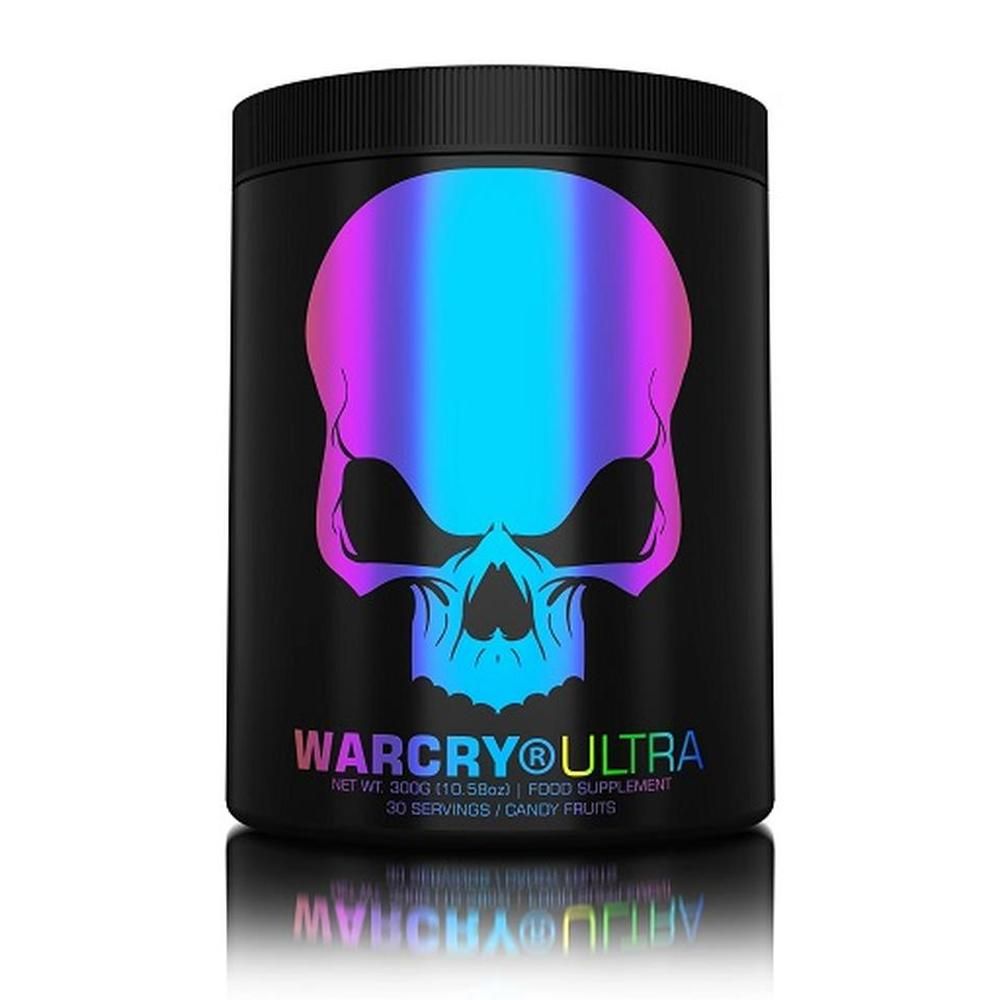 Schwarzer Behälter mit einem stilisierten Totenkopf-Logo in Regenbogenfarben. Enthält "WARCRY ULTRA" und "FOOD SUPPLEMENT".