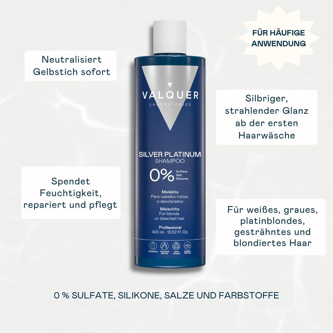 Eine blaue Flasche Valquer Silver Platinum Shampoo steht auf einem hellen Untergrund. Daneben sind Textfelder mit Produktinformationen.