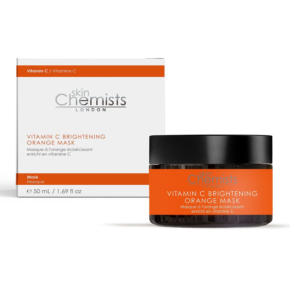 Produkt und Verpackung. Dose mit Text: Vitamin C Brightening Orange Mask. Weiße Schachtel mit Logo und Text.