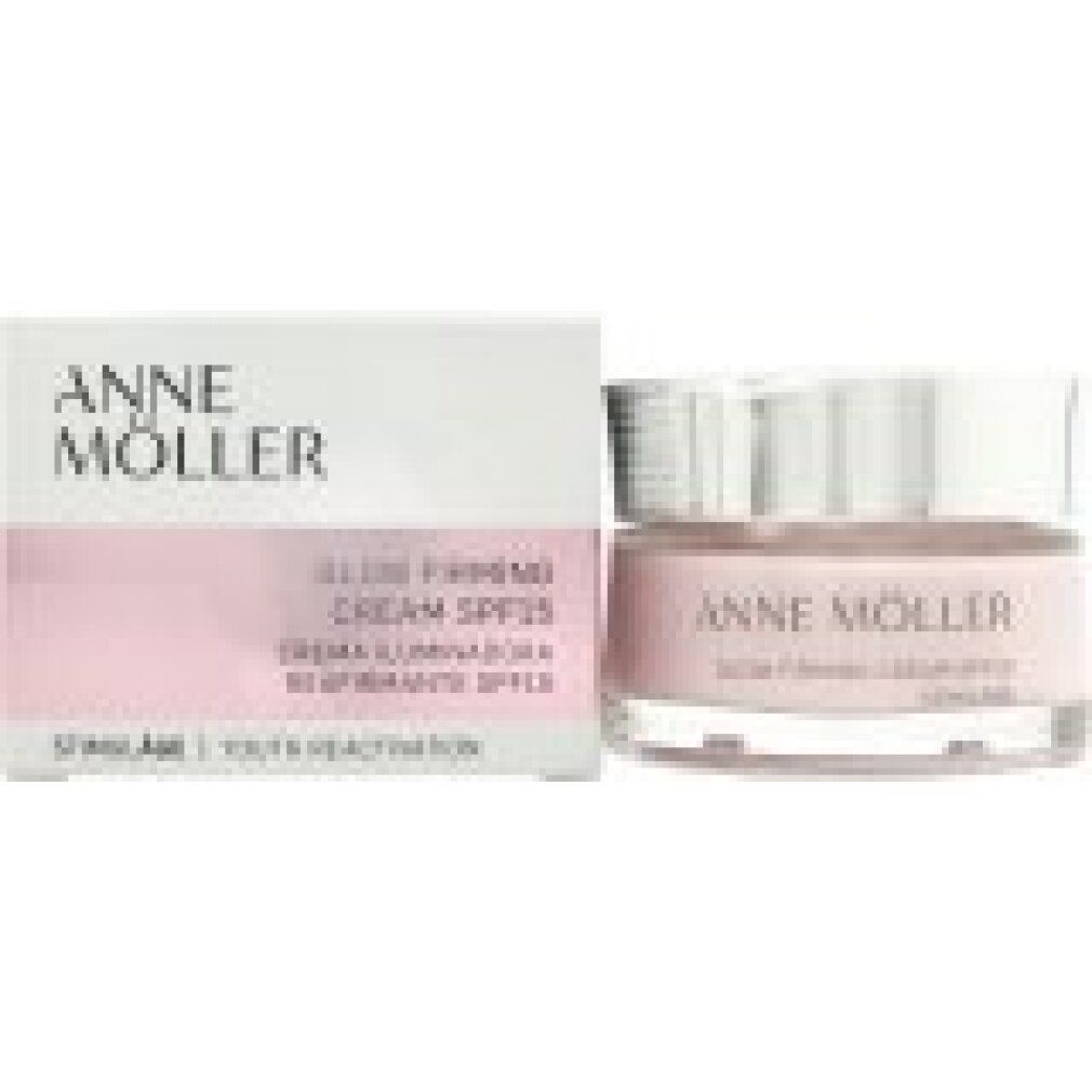 Creme-Tiegel und Schachtel. Aufschrift: ANNE MÖLLER, Glow Firming Cream SPF15, Stimulâge.